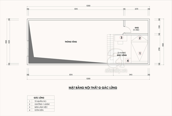 Mặt bằng bố trí nội thất gác lửng nhà cấp 4 diện tích 54 m2 Mặt bằng bố trí nội thất gác lửng