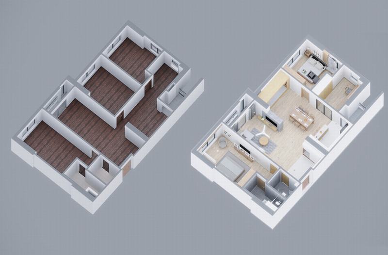 Ảnh chụp mô phỏng thiết kế căn hộ trước và sau khi cải tạo cải tạo căn hộ
