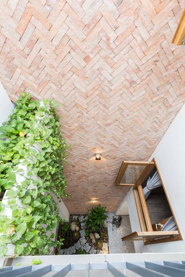 tiểu cảnh dưới giếng trời gồm một vài chậu cây xanh, đá cuội tiểu cảnh dưới giếng trời