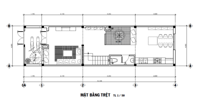 Bản vẽ mặt bằng trệt nhà ống 60 m2 ở Sài Gòn mặt bằng trệt
