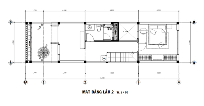 Bản vẽ mặt bằng lầu 2 của nhà ống 3 tầng mặt bằng lầu 2