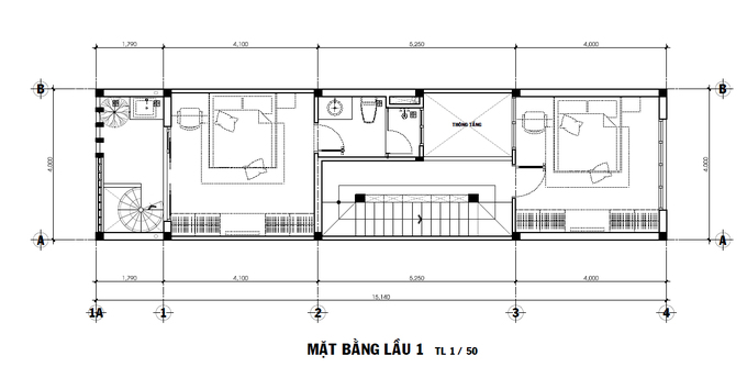 Bản vẽ thiết kế mặt bằng lầu 1 nhà ống 3 tầng mặt bằng lầu 1