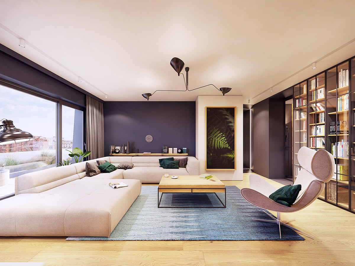 Phòng khách rộng có khung cửa kính lớn, ghế sofa thấp màu hồng nhạt phòng khách đẹp