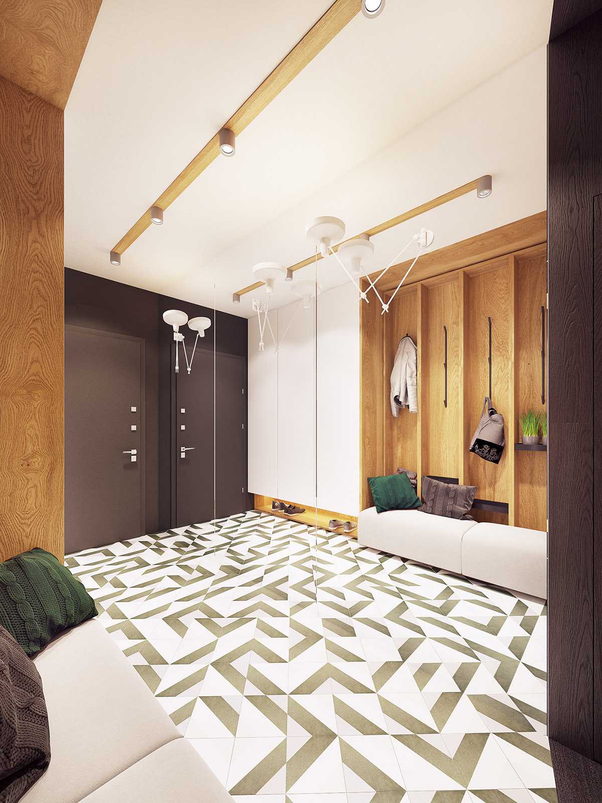 Phòng thay đồ tạo ấn tượng với một chiếc gương lớn và sàn nhà lát bằng gạch họa tiết. Phòng thay đồ