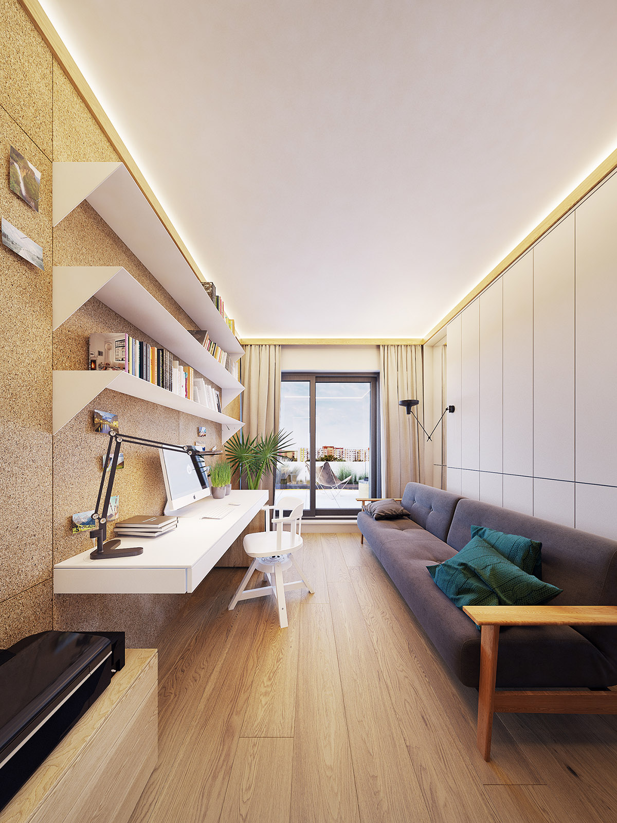 Đằng sau bàn làm việc là một chiếc ghế sofa dài để chủ nhân thư giãn sau giờ làm hoặc ngả lưng ngủ tạm. sofa dài