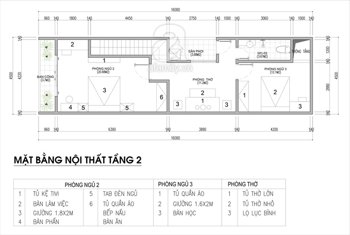 Mặt bằng bố trí nội thất tầng 2 nhà ống hiện đại 72 m2 nhà ống 2 tầng
