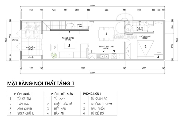 Mặt bằng bố trí nội thất tầng 1 nhà ống 72 m2 thiết kế nhà ống