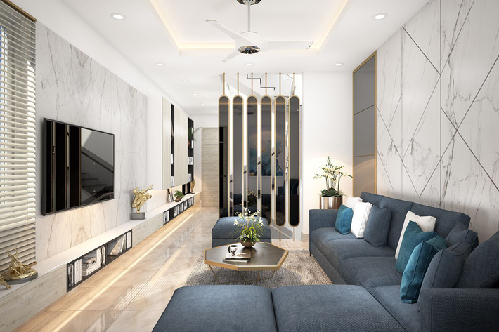 Phòng khách hiện đại với gam màu trắng chủ đạo kết hợp sofa màu sẫm phòng khách hiện đại