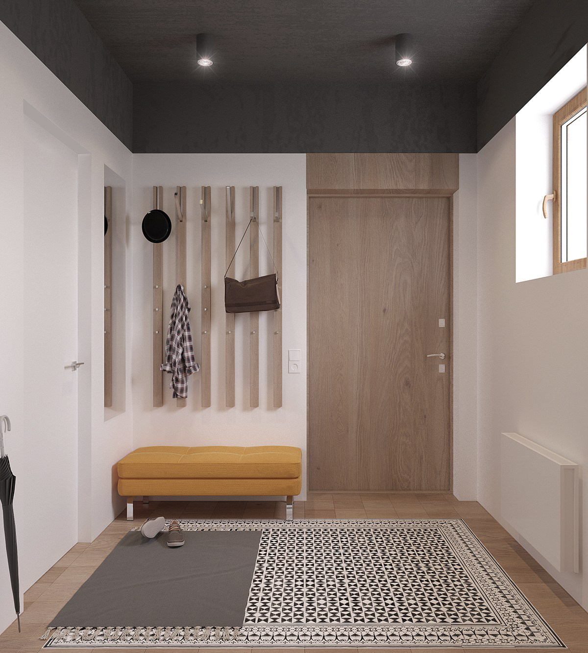 Sảnh vào căn hộ rộng rãi với thảm trải sàn họa tiết và một chiếc ghế ngồi thay giày màu vàng bắt mắt trang trí sảnh căn hộ