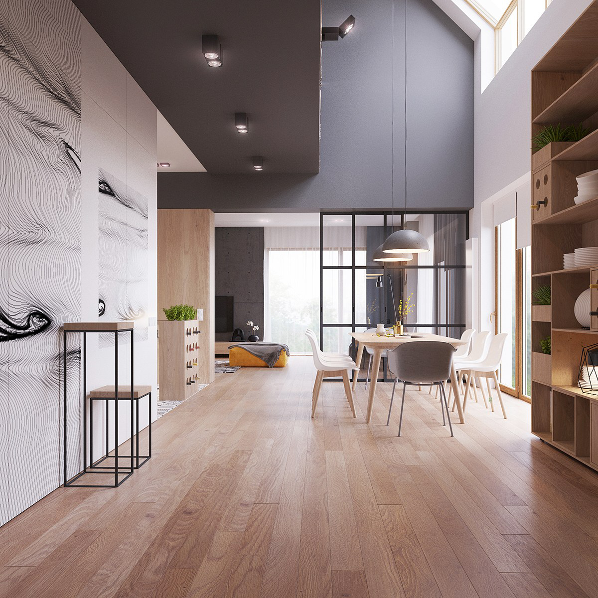 Phòng ăn và bếp ngăn cách với phòng khách bằng bức tường kính để tận dụng ánh sáng từ cửa sổ phòng khách vách ngăn kính