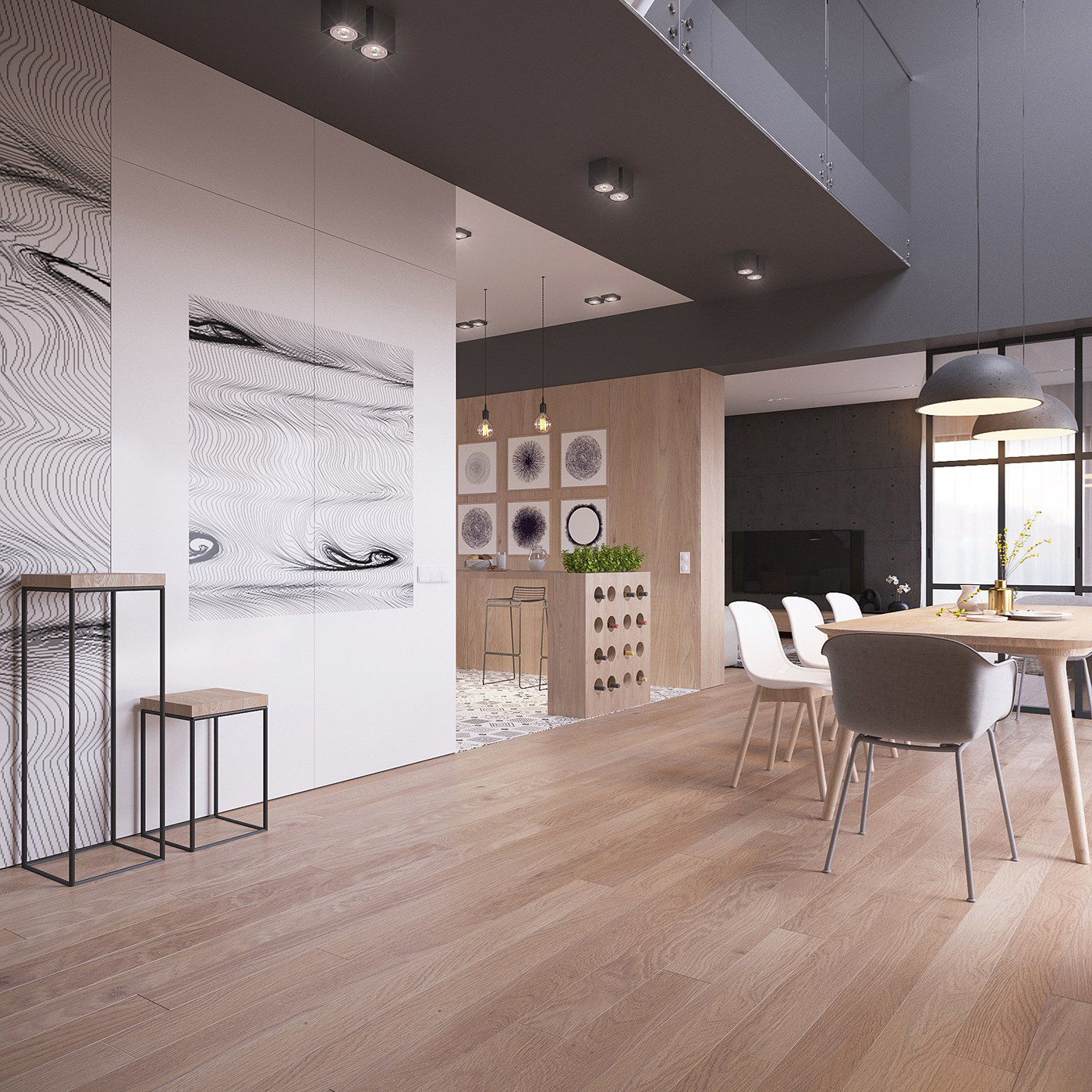 Kệ rượu bằng gỗ trở thành vách ngăn xinh xắn giữa bếp và khu vực ăn uống Kệ rượu bằng gỗ