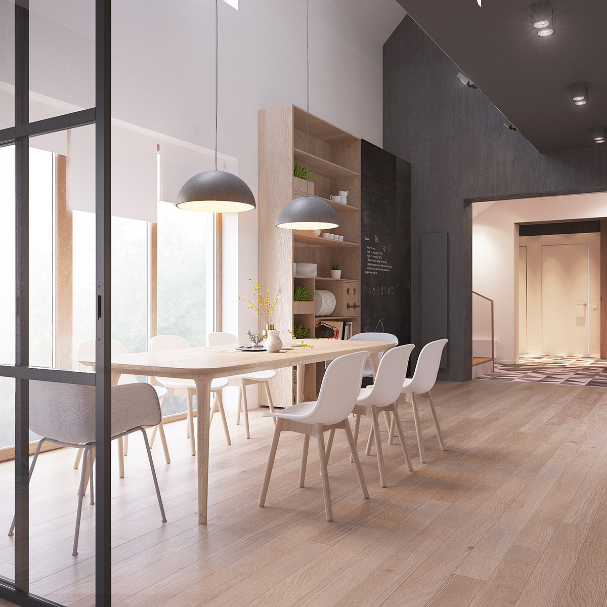 Bàn ăn đơn giản kết hợp ghế nhựa trắng chân gỗ tạo vẻ đẹp hiện đại, ấm áp cho khu vực ăn uống. bàn ăn hiện đại