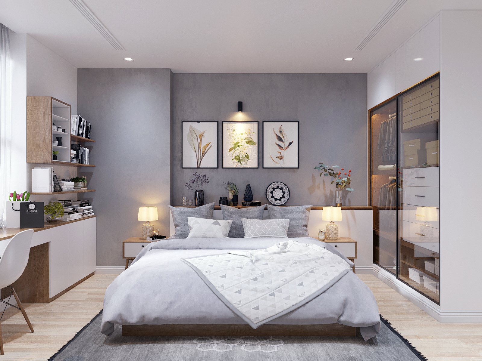 Một phòng ngủ khác sử dụng tông màu xám chủ đạo. Tuy nhiên căn phòng vẫn rất ấm áp với đèn ngủ ánh sáng vàng kết hợp nội thất gỗ và những món đồ bày trí hợp lý phòng ngủ màu xám