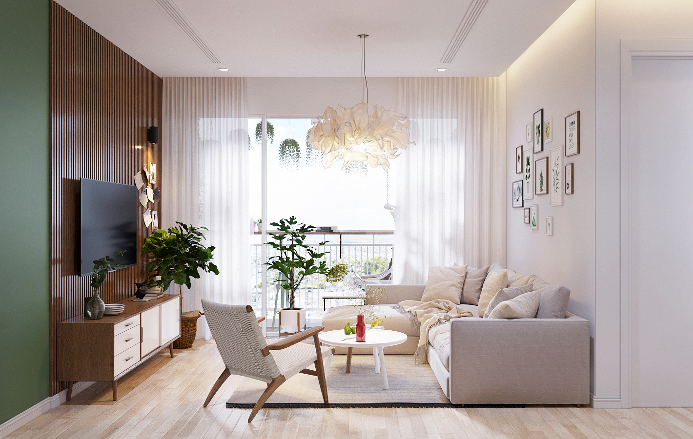 Phòng khách không chỉ tạo ấn tượng với đèn chùm lớn hình bông hoa và mảng tường ốp gỗ mà còn cuốn hút hơn nhờ những chậu cây xanh tốt. Gam màu trắng kết hợp nội thất gỗ giúp không gian tăng thêm chiều sâu. thiết kế phòng khách đẹp