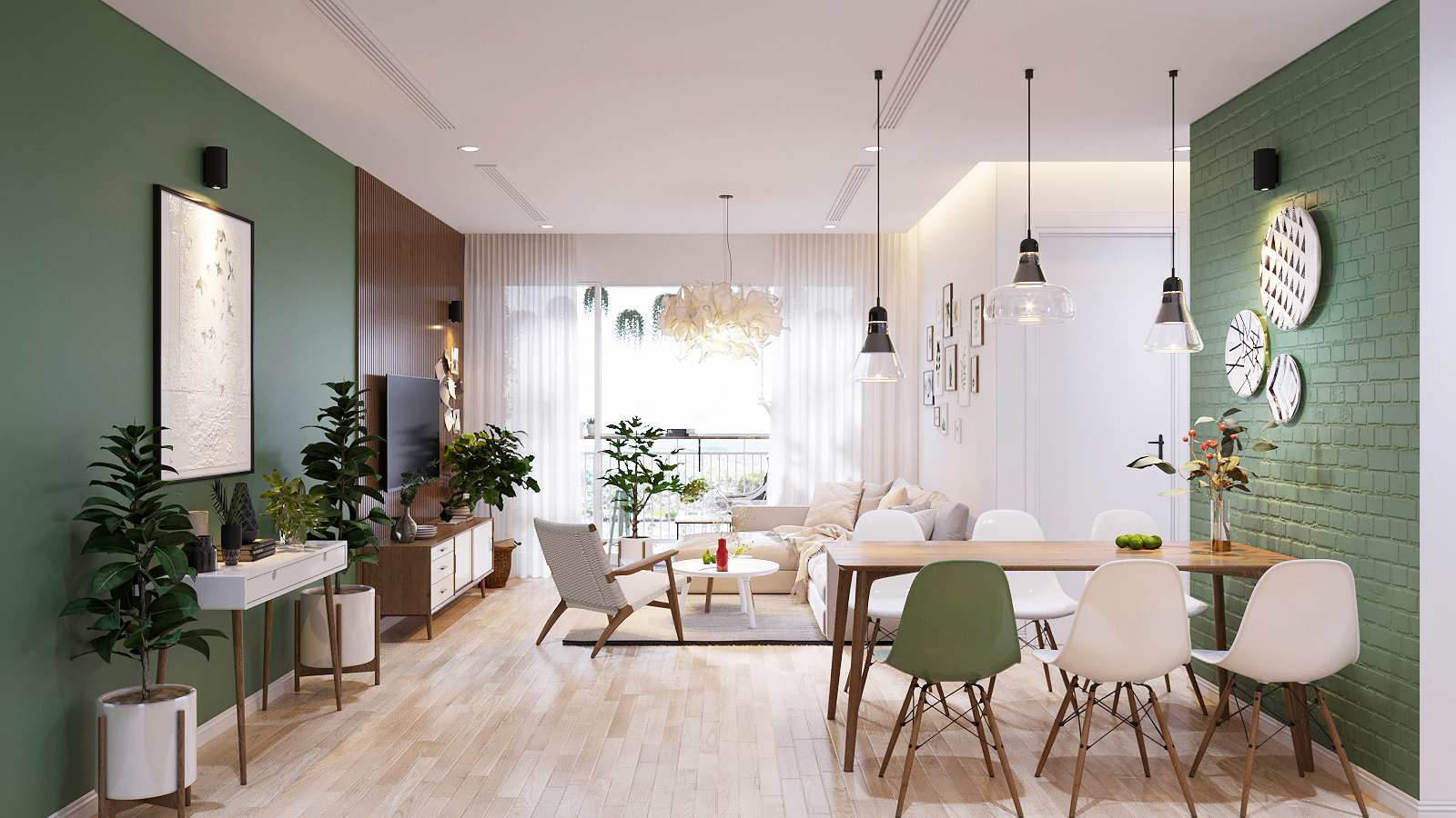 Chủ nhân căn hộ là một gia đình trẻ bận rộn nhưng vì khao khát được gần gũi thiên nhiên họ đã chọn một số mảng tường sơn màu xanh bên cạnh những chậu cây bố trí khắp nơi trong nhà trang trí nhà màu xanh