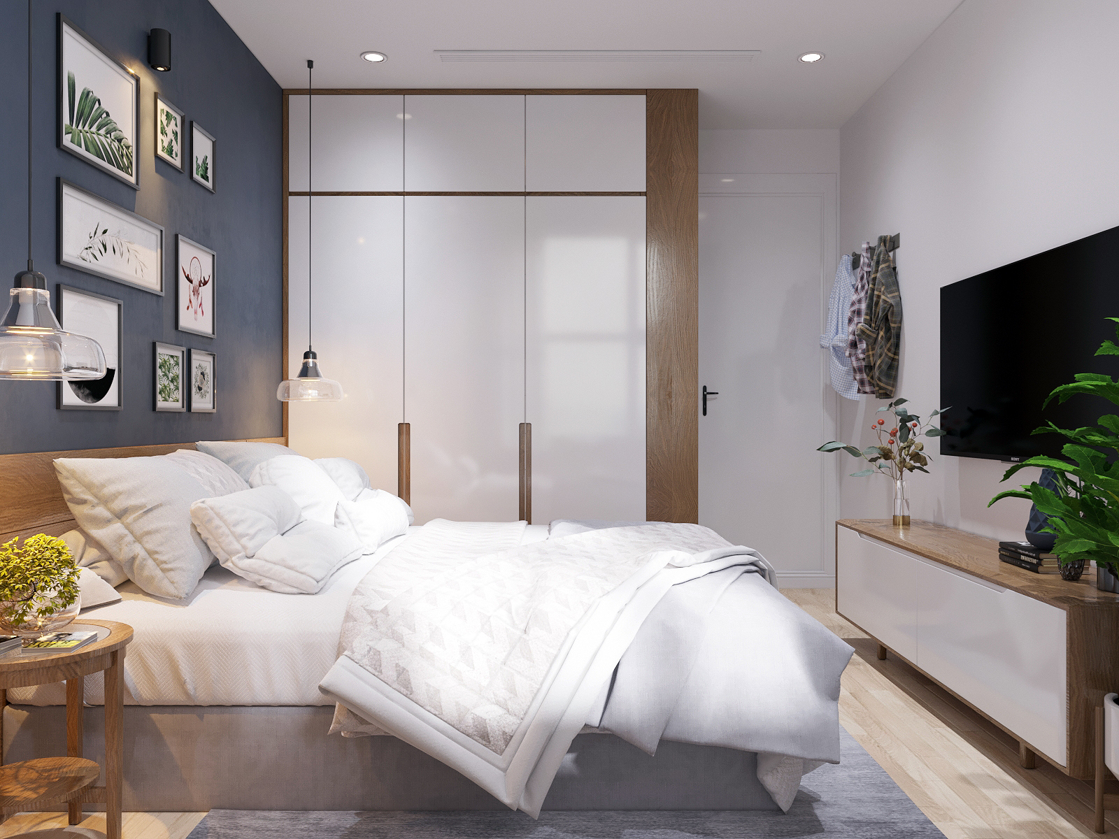 Thiết kế phòng ngủ có giường nệm cao cấp, kệ tivi và một số chậu cây xanh giường ngủ đẹp