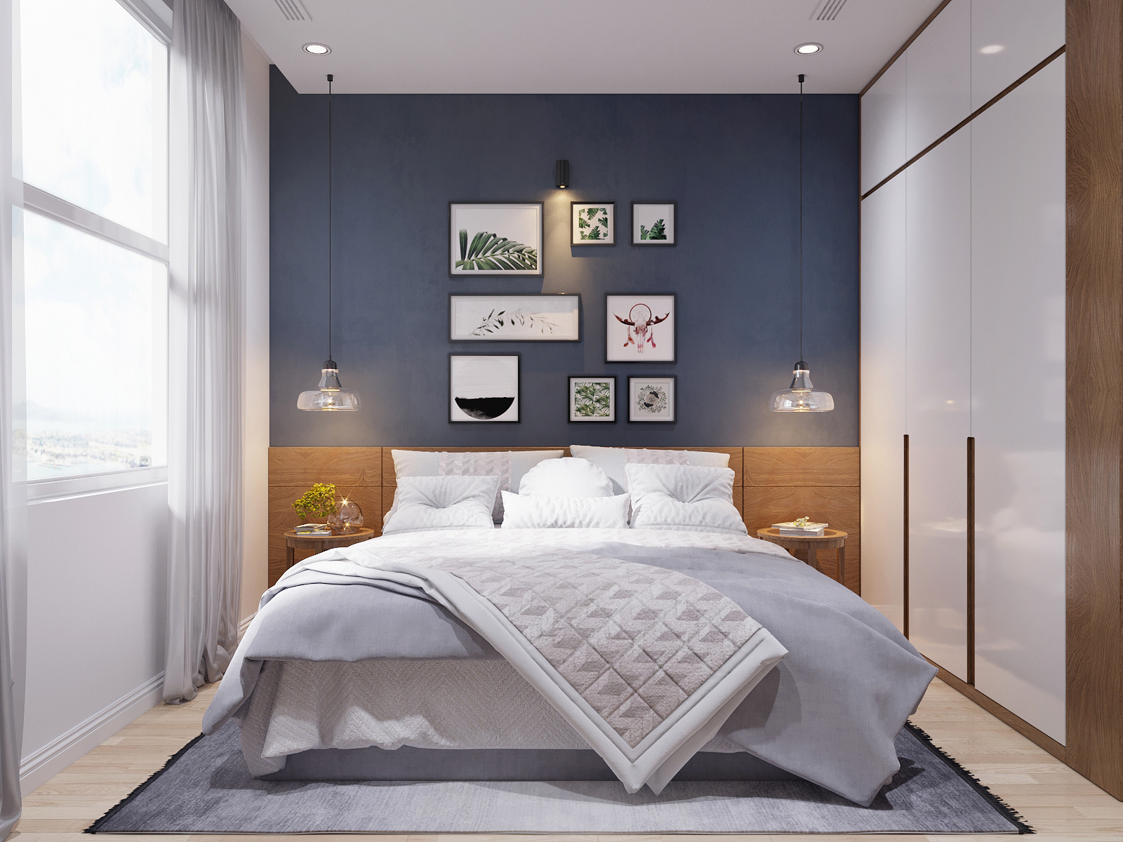 Phòng ngủ chính trang trí theo tone màu xanh tím nhiều cấp độ, tạo cảm giác yên tĩnh, thư thái. Thiết kế tủ âm tường màu trắng cao sát tường giúp không gian gọn gàng hơn. trang trí phòng ngủ