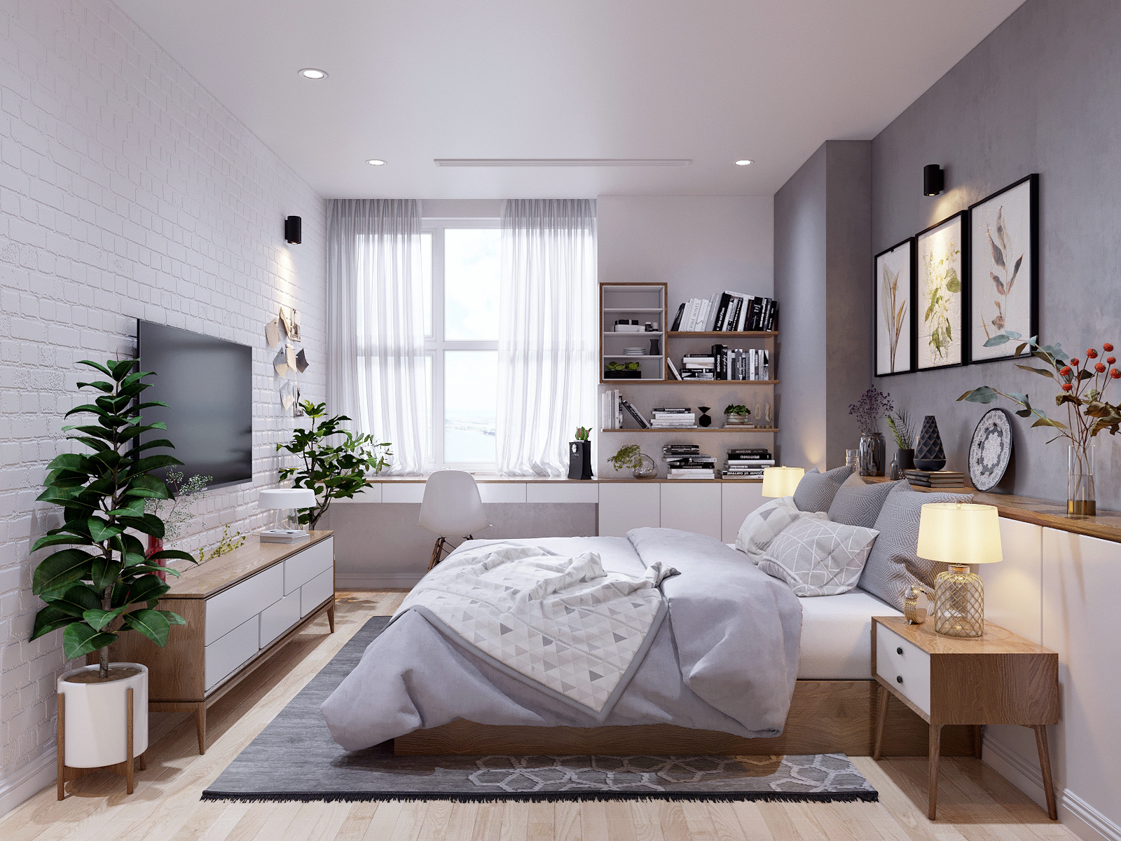 Phòng ngủ màu xám trang nhã có bày một số chậu cây xanh cây xanh trong phòng ngủ