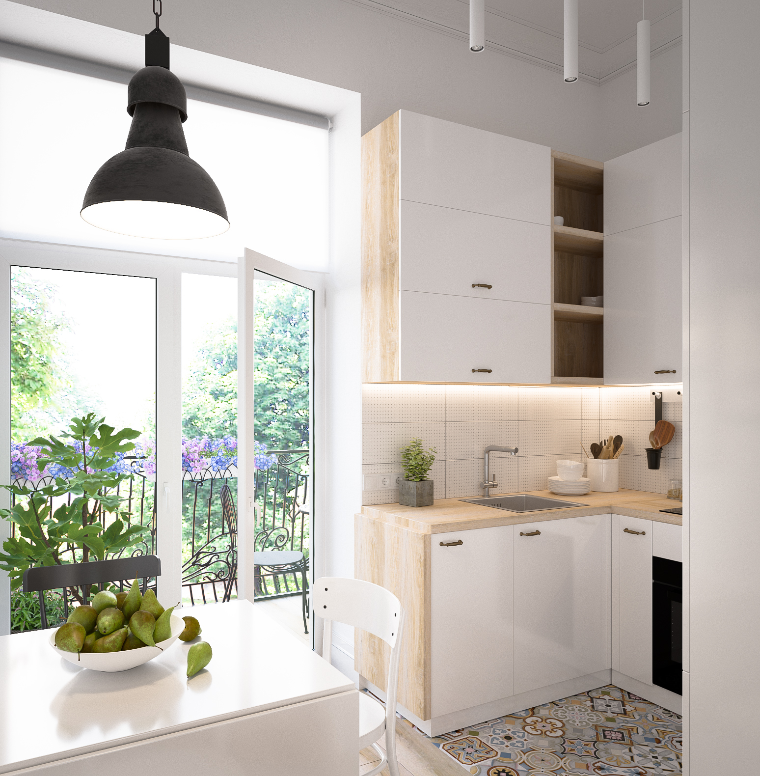 Ban công cạnh bếp mở ra khu vườn xanh mát, cung cấp khoảng view đẹp cho căn hộ. ban công căn hộ