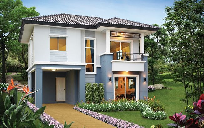 Gam màu xanh ghi và trắng tạo vẻ đẹp trang nhã cho ngôi nhà, trong khi mái ngói màu thẫm giúp tổng thể nhà hài hòa và nổi bật giữa không gian xanh của sân vườn. nhà mái thái trang nhã