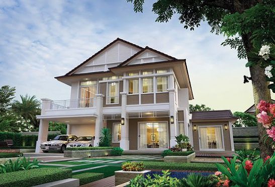 Một mẫu nhà mái thái 2 tầng khác lại tạo sức hút nhờ hệ thống cột trụ hơi hướng cổ điển kết hợp gam màu và cửa kính hiện đại nhà mái thái 2 tầng