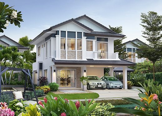Mẫu nhà mái thái 2 tầng này nhìn rất sang trọng, có cả sân vườn rộng, chỗ để xe phía trước. Mẫu nhà mái thái 2 tầng