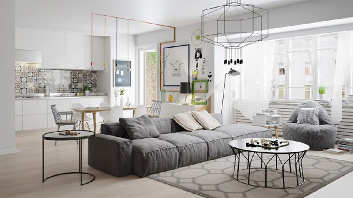 Căn hộ màu trắng này được tạo điểm nhấn bằng sofa xám, những bức tranh treo tường ngộ nghĩnh Căn hộ màu trắng