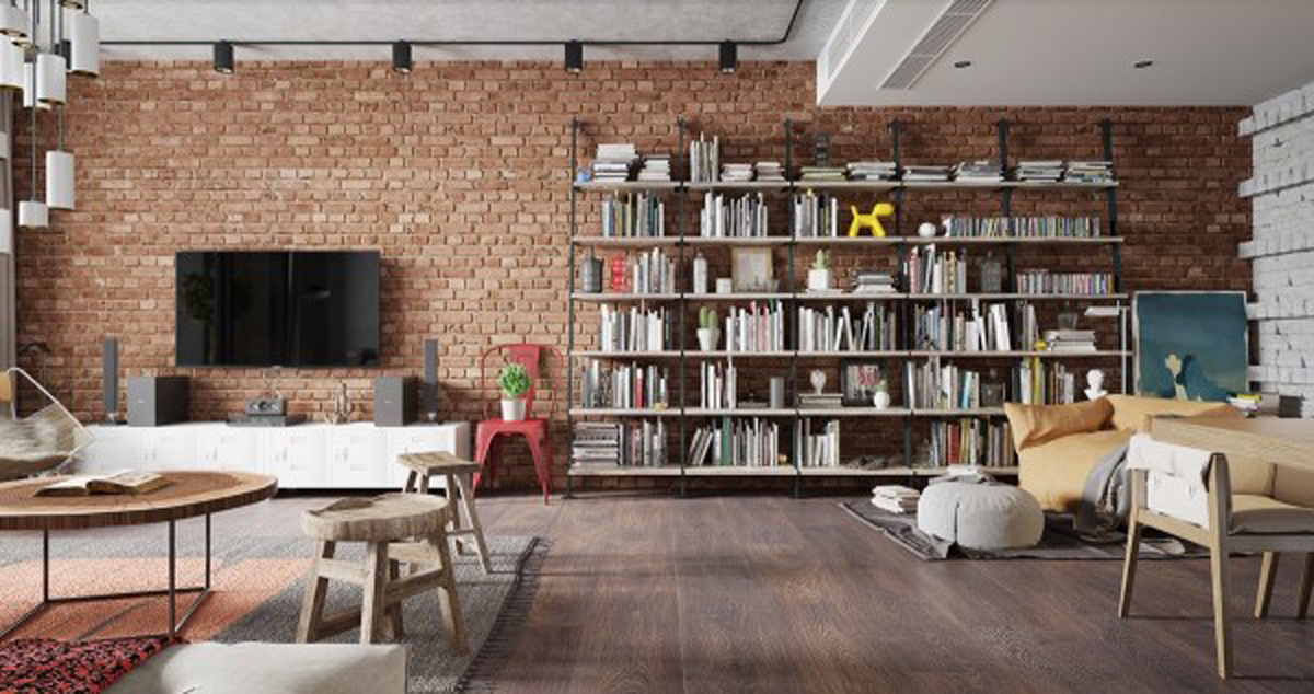 Điểm nhấn của căn hộ màu trắng này là một bức tường gạch mộc không trát rất ấn tượngsơn màu. trang trí căn hộ màu trắng