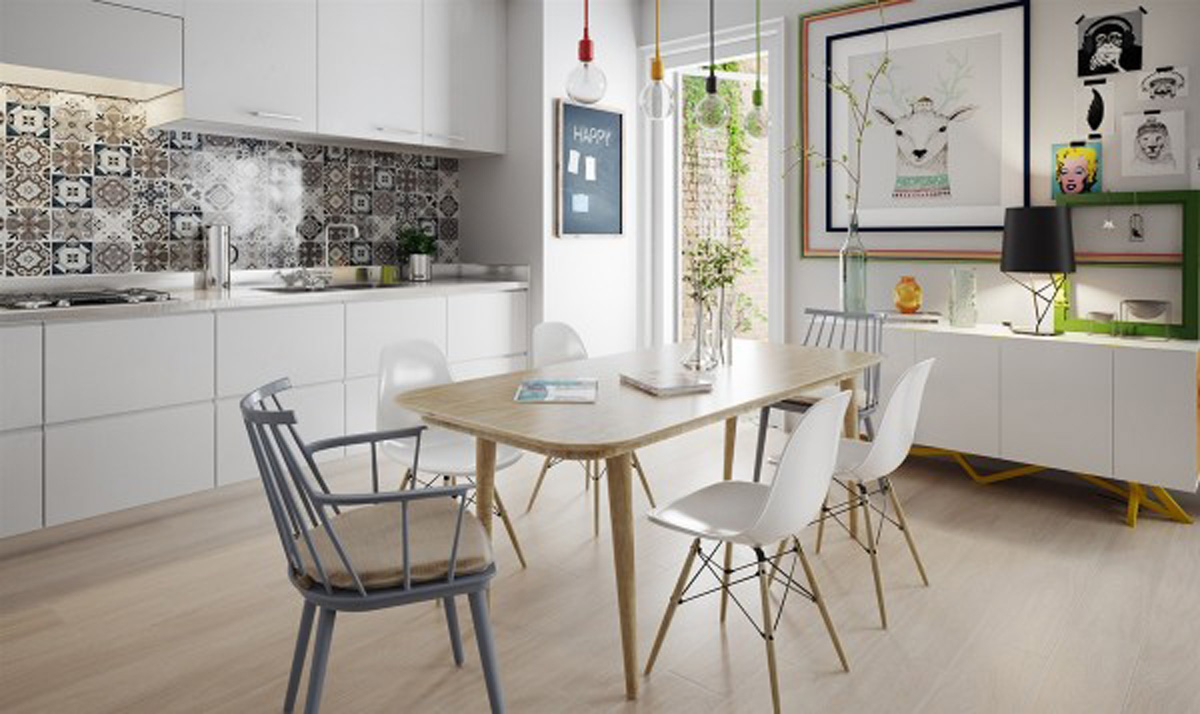 Cạnh đó là khu bếp với tường và tủ sơn trắng được nhấn nhá bằng mảng tường gạch họa tiết sinh động bếp màu trắng