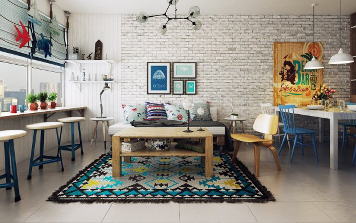 Căn hộ sơn trắng troogn như quán cafe nhờ phối với những chiếc ghế cao đặt cạnh cửa sổ, thảm trải sàn và tranh treo tường sinh động. căn hộ sơn trắng