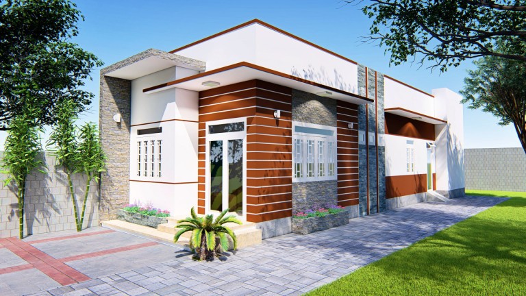 Ảnh chụp bên ngoài Mẫu nhà cấp 4 hai phòng ngủ có thiết kế khá nổi bật giữa khung cảnh vườn tược xanh mát. Mẫu nhà cấp 4 hai phòng ngủ