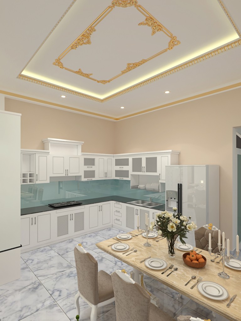 Phối cảnh khu vực bàn ăn và bếp nấu với sàn đá, nội thất hiện đại khu bếp ăn