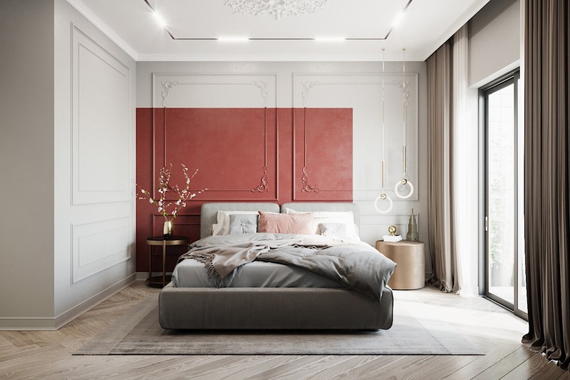 Một phòng ngủ trang trí mảng màu đỏ ở bức tường đầu giường phòng ngủ màu đỏ