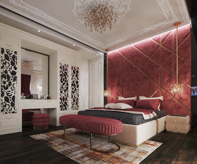 Gam màu đỏ trầm sang trọng được nhấn nhà tinh tế ở đầu giường, ghế dài, ghế đẩu, khăn trải giường, rèm cửa… mẫu phòng ngủ màu đỏ đẹp