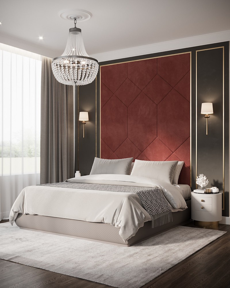 Trang trí phòng ngủ màu đỏ đơn giản nhưng vẫn rất hút mắt với một mảng tường màu đỏ phía đầu giường Trang trí phòng ngủ màu đỏ
