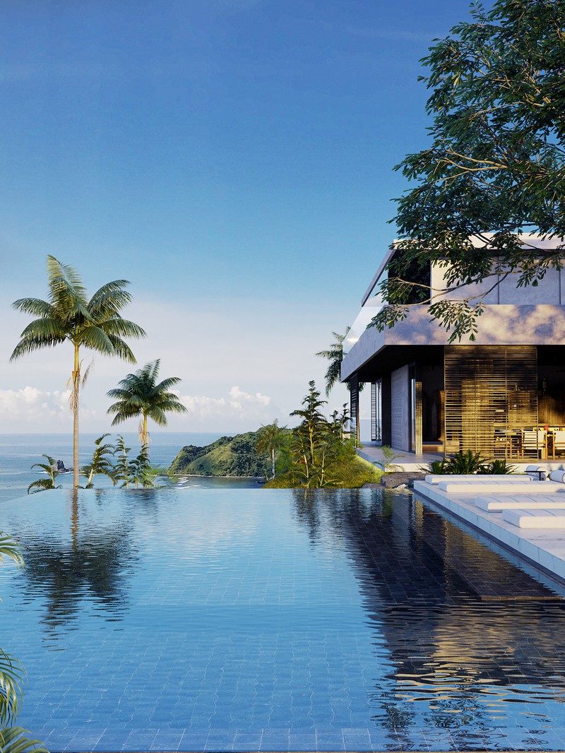 Hồ bơi tràn bờ phía trước biệt thự với tầm view tuyệt đẹp hướng ra biển hồ bơi tràn bờ