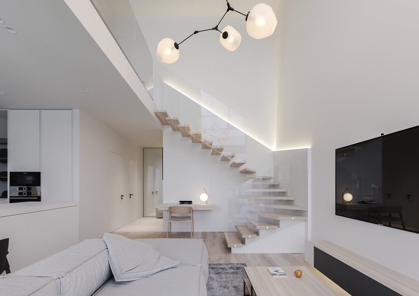 Cầu thang bố trí gọn gàng ở góc tường với lan can kính trong suốt. Phía trong sofa, tivi phòng khách là cầu thang lan can kính ở góc tường, các bậc cầu thang bằng gỗ.