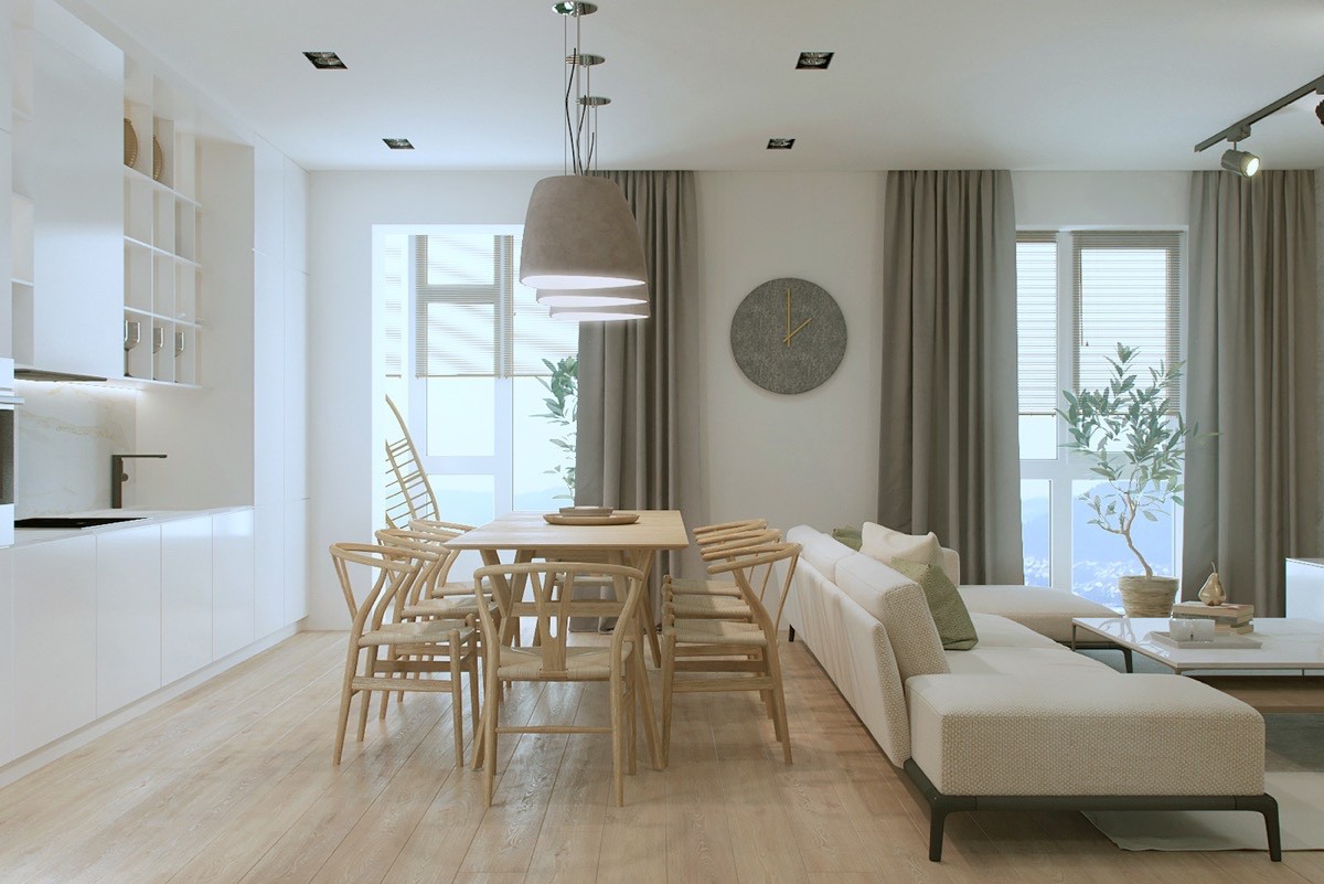 Phòng khách và bàn ăn phong cách Scandinavian. Bộ bàn ăn bằng gỗ tự nhiên đặt liền kề sofa phòng khách gần cửa sổ trong căn hộ phong cách Scandinavia.
