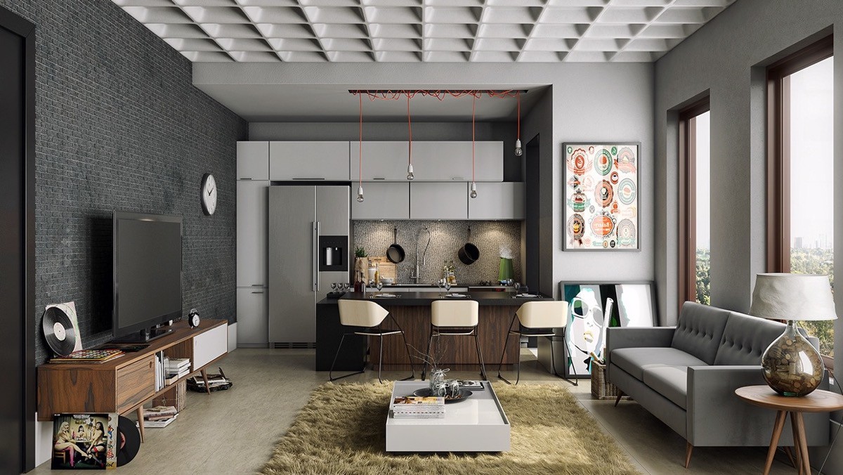 Phòng khách màu xám bố trí liền kề khu bếp, bàn ăn. Phòng khách màu xám có sofa, thảm lông, tivi, bên trong là khu bếp với đảo bếp kiêm chức năng bàn ăn và quầy bar.
