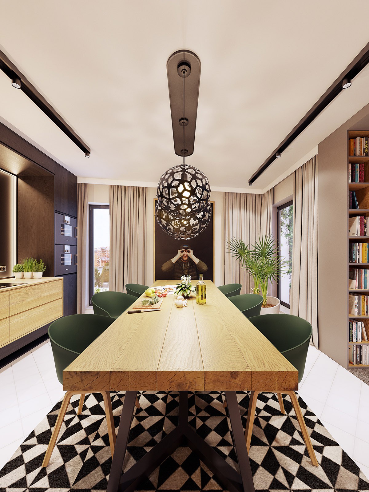 Bàn ăn bằng gỗ lớn bố trí theo chiều dọc, phía cuối là bức tranh vẽ một người đang khum tay như nhìn ống nhòm.