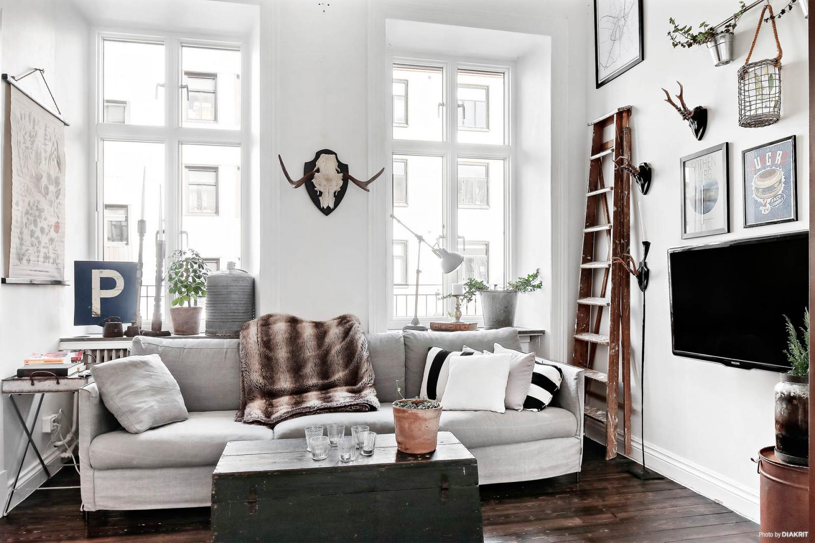 Bàn trà cũ kỹ bằng gỗ tạo nét đẹp riêng cho căn hộ nhỏ. Phía sau sofa là tường và khung cửa sơn trắng treo đầu thú, bàn trà cũ kỹ bằng gỗ.