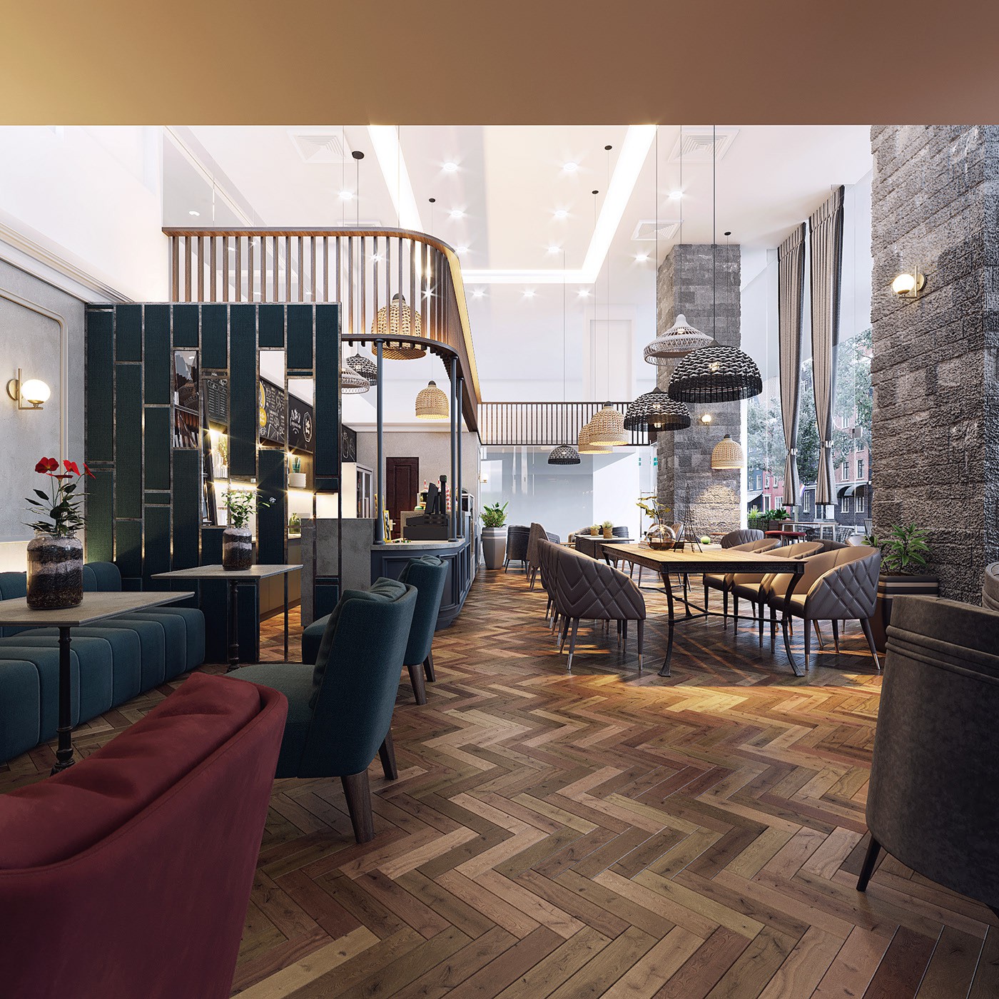 Bố trí lối đi trong quán rất thuận tiện cho việc di chuyển. Góc quán cafe với những chiếc ghế xanh, trần cao thắp nhiều đèn điện, sàn quán bằng gạch giả gỗ hình xương cá.