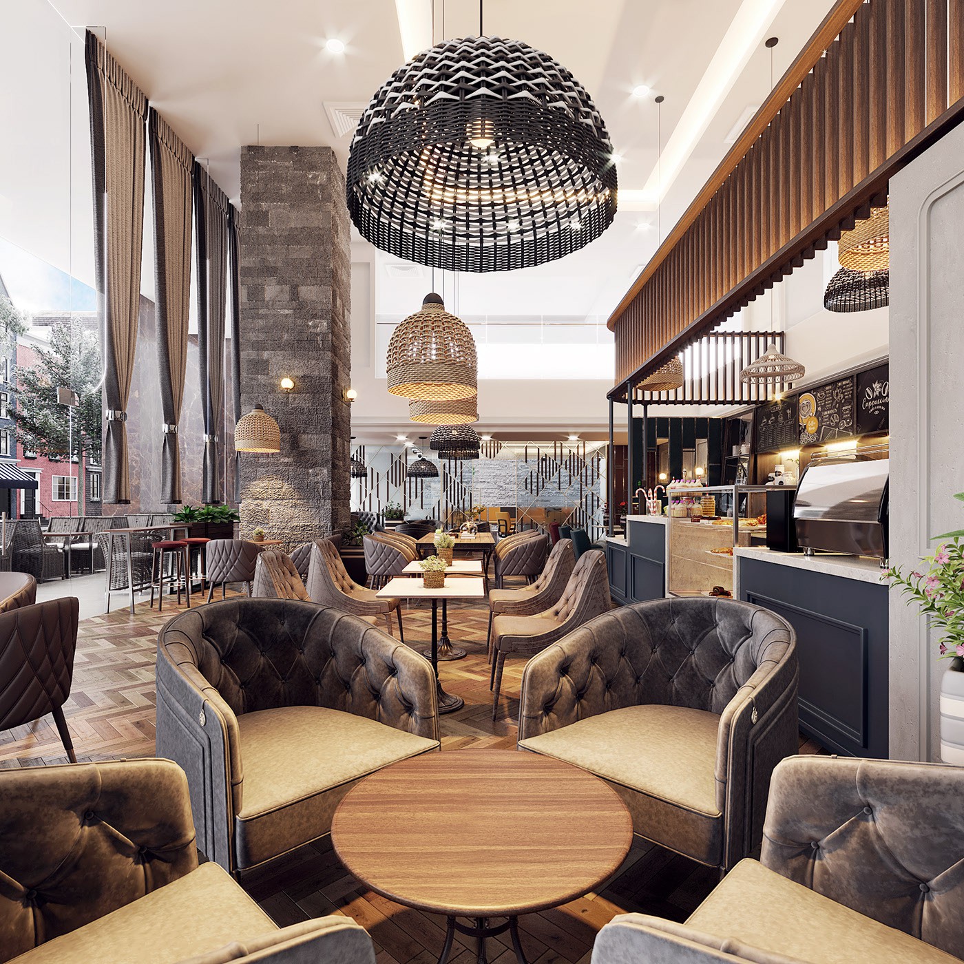 Một góc quán cafe kiểu Âu ở Sài Gòn. Quán cafe phong cách châu Âu, trần cao, đèn chùm lớn, rèm treo và những chiếc ghế bành kiểu cổ điển sang trọng.