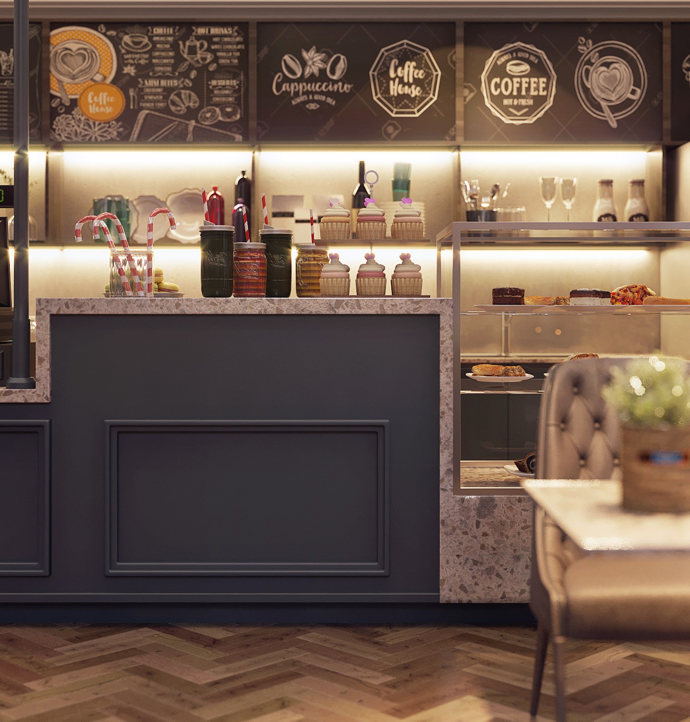 Quầy bar đồ uống và thực đơn trong quán cafe. Quầy bar trong quán cafe với phần bảng tên đồ uống và kệ chứa chai lọ đựng nguyên liệu pha chế.