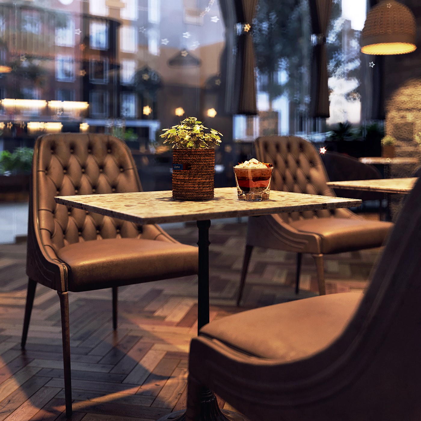 Bàn ghế trong quán cafe. Bàn cafe có kiểu dáng đơn giản, chân sắt cứng cáp kết hợp những chiếc ghế bọc nệm sang trọng và êm ái.