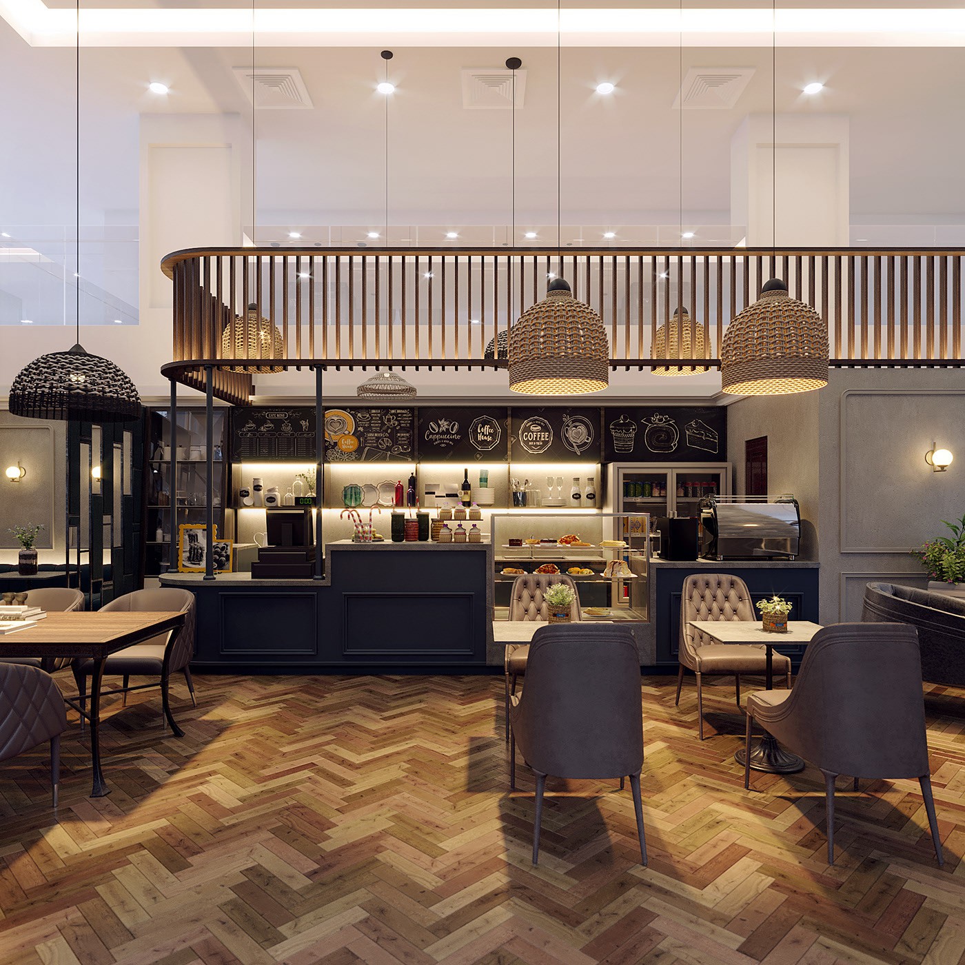 Quầy bar đặt ở giữa quán cafe. Khu vực trung tâm quán là quầy bar với phần bảng đen vẽ menu và những kệ mở đựng đồ uống ngăn nắp.