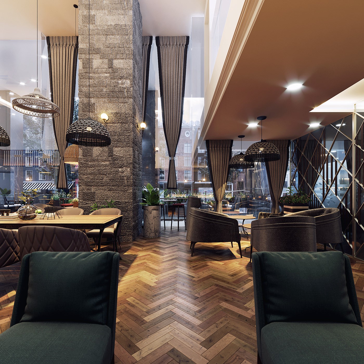 Quán cafe luôn thông thoáng nhờ khoảng thông tầng. Khoảng thông tầng cao thả rèm, đèn thả, bên dưới là bàn ghế ngồi uống cafe.