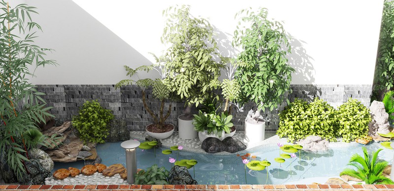 Khu vườn kết hợp tiểu cảnh nước. Thiết kế vườn tại khu vực thoáng đãng, nhiều ánh nắng với tiểu cảnh hồ nước, đá sỏi, cây thủy sinh