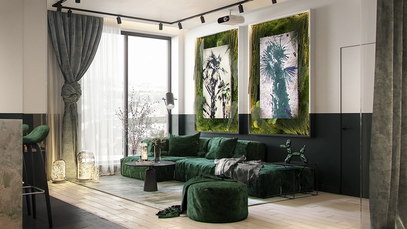 Phòng khách với sofa màu xanh rêu, hai bức tranh tường lớn vẽ hình cây rọ, rèm treo, đèn cây.