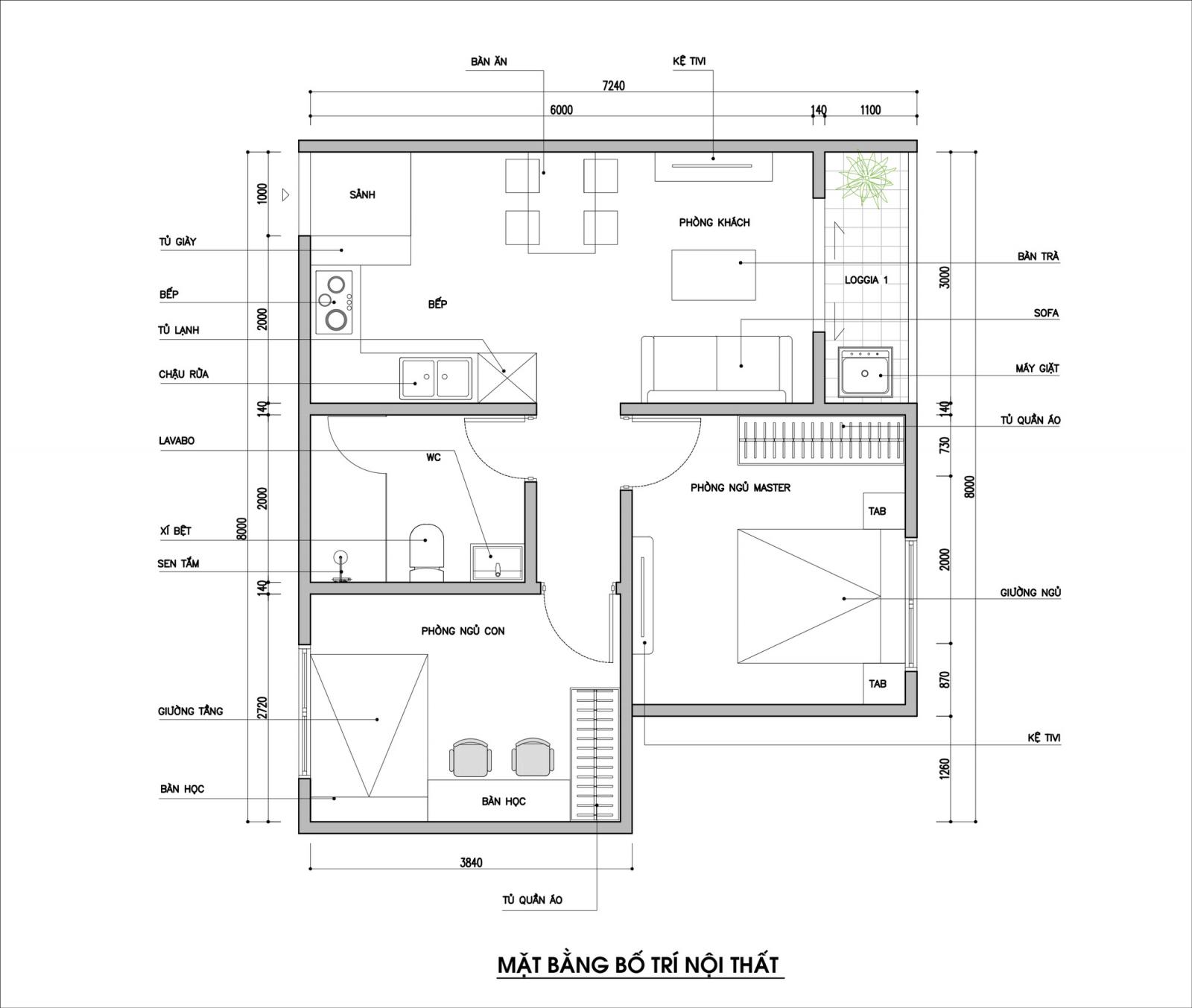 Mặt bằng nội thất căn hộ 54m2 Bản vẽ Mặt bằng thiết kế nội thất căn hộ 54m2 bàn giao thô.